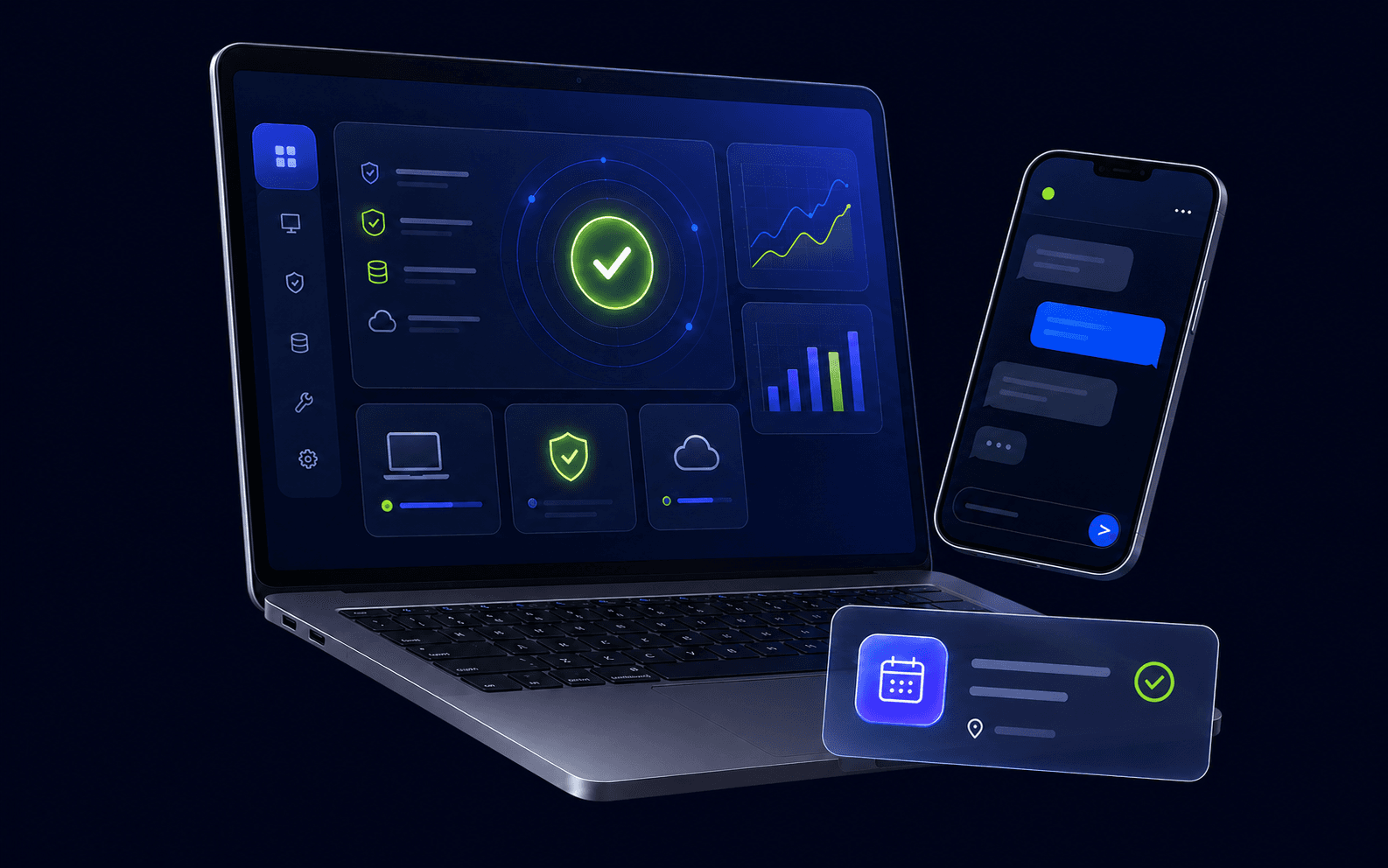 Laptop health dashboard, support chat and confirmed booking